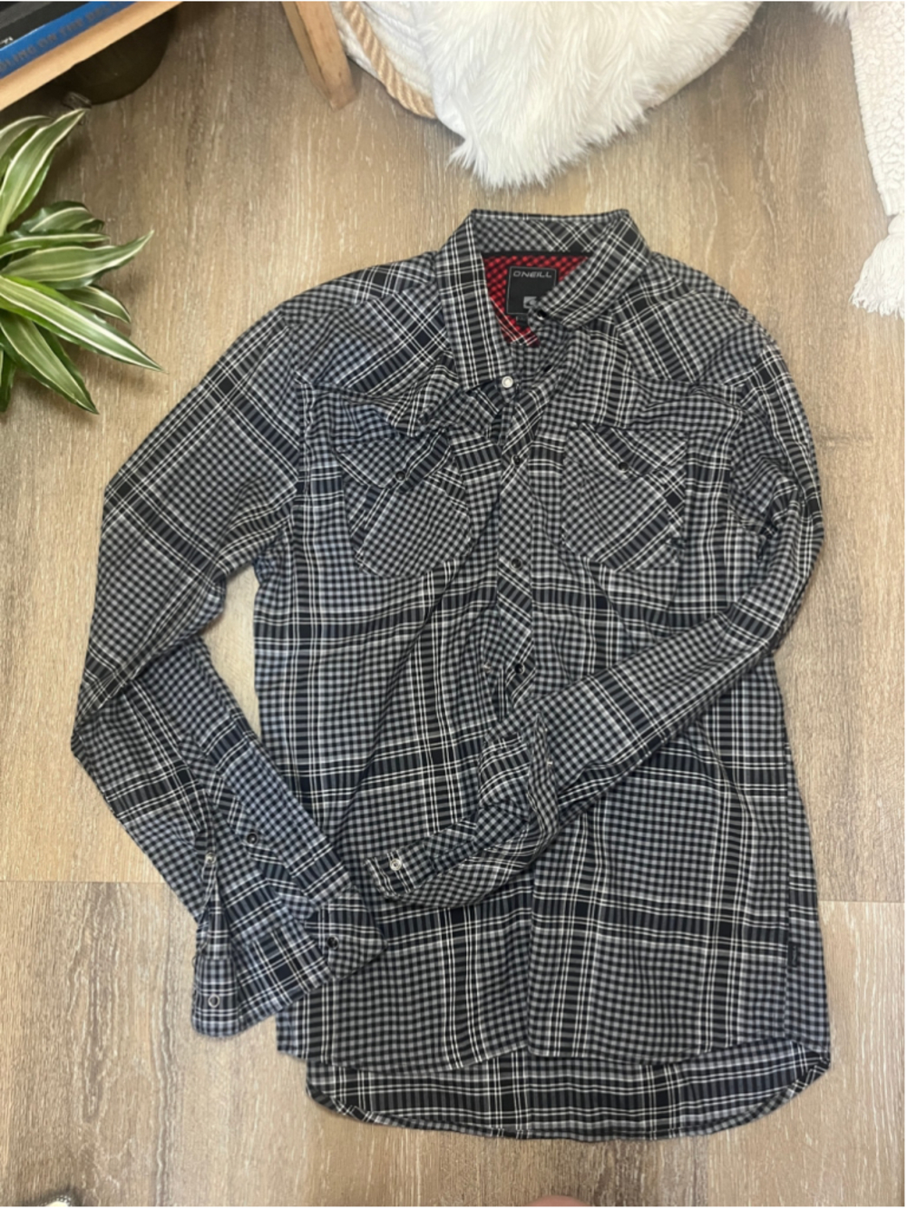 Men's O'Neill Black Gray Plaid Casual Button Down Shirt L